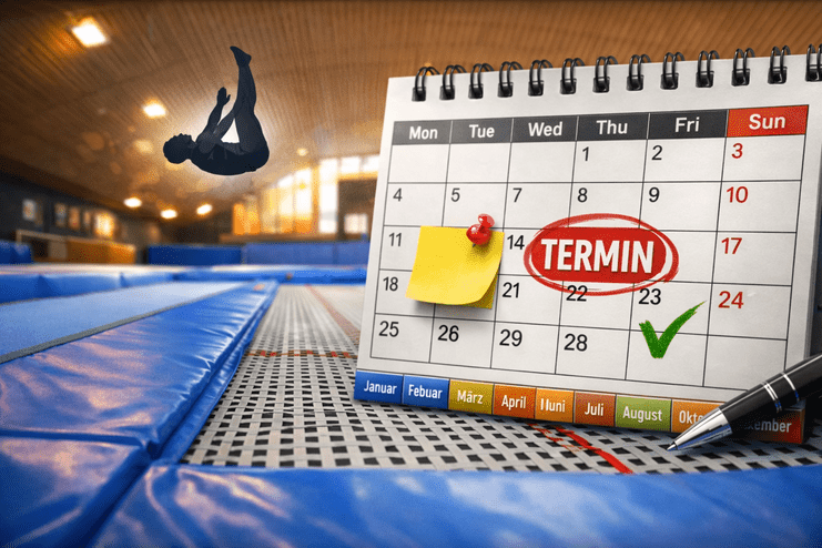 Trampolin und Terminkalender draufstehend
